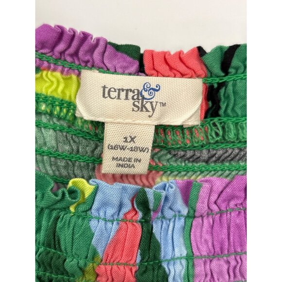 Terra & Sky Peasant Boho Smocked Tropical Floral Dress Green Multi Color 1X NEW - Picture 4 of 6